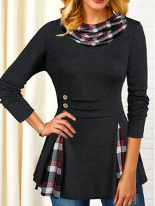 Plaid Print Button Detail Long Sleeve T-shirts