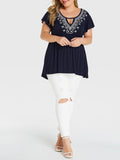 Plus Size Navy Tribal Print Ruffle Sleeves T-shirts