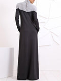 Fashion Loose Casual Turtleneck Long Sleeve Pocket Colorblock Maxi Dress