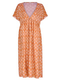 V-Neck Pleated Print Short Sleeve Maxi Dress