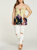 Plus Size Yellow Random Floral Print Shirred Strapless T-shirts