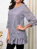 Lace Light Grey Three Quarter Sleeve T-shirts