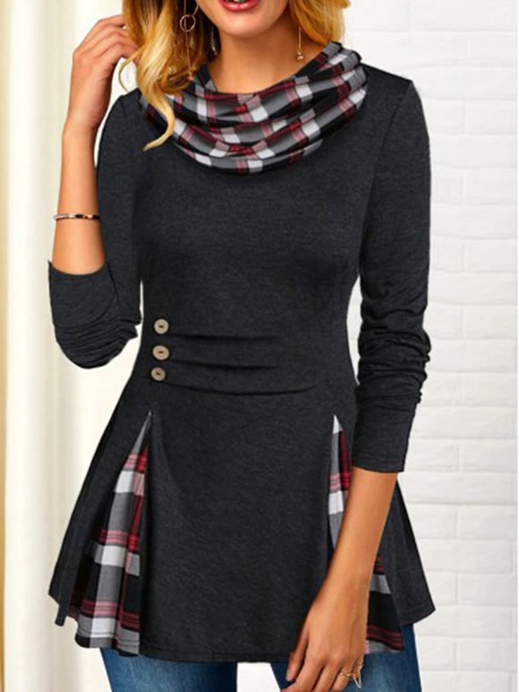 Plaid Print Button Detail Long Sleeve T-shirts