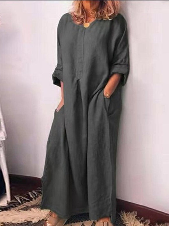 Loose Casual Cotton Long Sleeve Pocket Maxi Dress