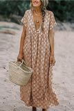 V-Neck Pleated Print Short Sleeve Maxi Dress