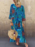 Retro Fashion Print Round Neck Casual Maxi Dresses