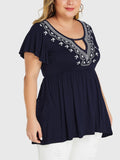 Plus Size Navy Tribal Print Ruffle Sleeves T-shirts