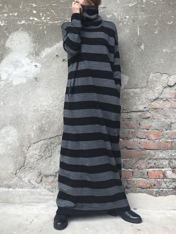 Loose Casual Turtleneck Long Sleeve Pocket Striped Maxi Dress