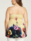 Plus Size Yellow Random Floral Print Shirred Strapless T-shirts