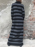 Loose Casual Turtleneck Long Sleeve Pocket Striped Maxi Dress