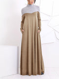 Fashion Loose Casual Turtleneck Long Sleeve Pocket Colorblock Maxi Dress