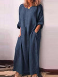 Loose Casual Cotton Long Sleeve Pocket Maxi Dress