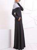 Fashion Loose Casual Turtleneck Long Sleeve Pocket Colorblock Maxi Dress