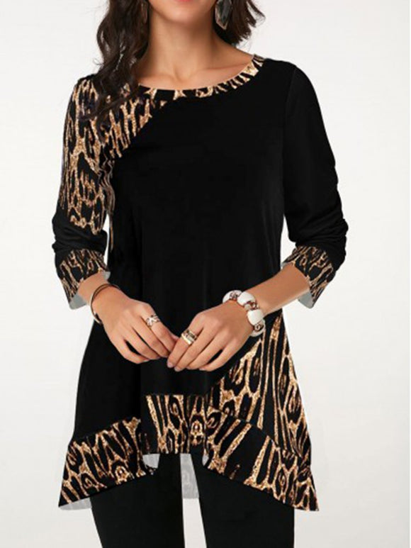 Asymmetric Hem Leopard Print Round Neck T-shirts