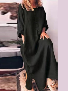 Loose Casual Cotton Long Sleeve Pocket Maxi Dress