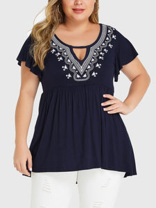 Plus Size Navy Tribal Print Ruffle Sleeves T-shirts