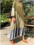 Casual Round Collar Contrast Paneling Maxi Dresses