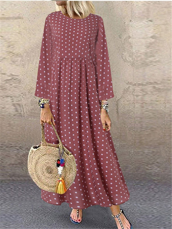 Stylish Polka Dot Simple Print Round Neck Maxi Dresses