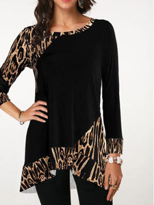 Asymmetric Hem Leopard Print Round Neck T-shirts