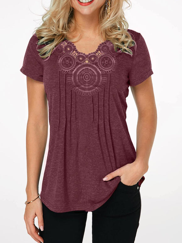 Crinkle Chest Short Sleeve Wine Red T-shirts