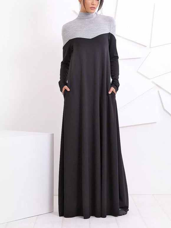 Fashion Loose Casual Turtleneck Long Sleeve Pocket Colorblock Maxi Dress